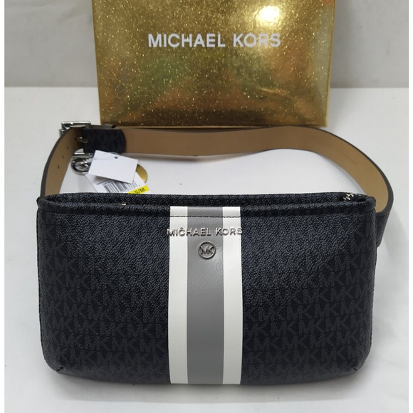 Michael Kors Black Logo Belt Bag Fits Phone With Stripe - NWT $98 - Picture 1 of 16